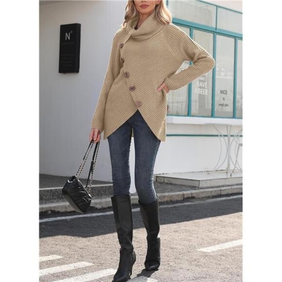 Women’s Turtleneck Chunky Sweater - Fall Asymmetric Knit Pullover, Long Sleeve - Picture 3 of 7